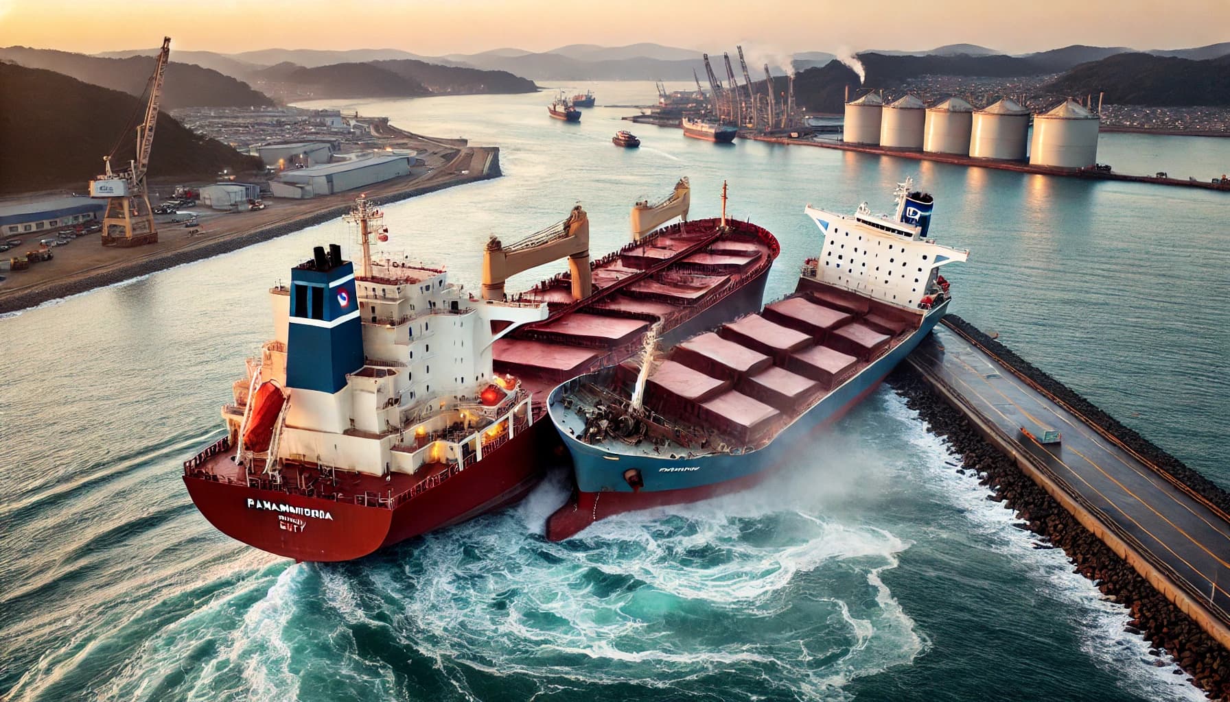 A cargo ship and bulk carrier colliding in port