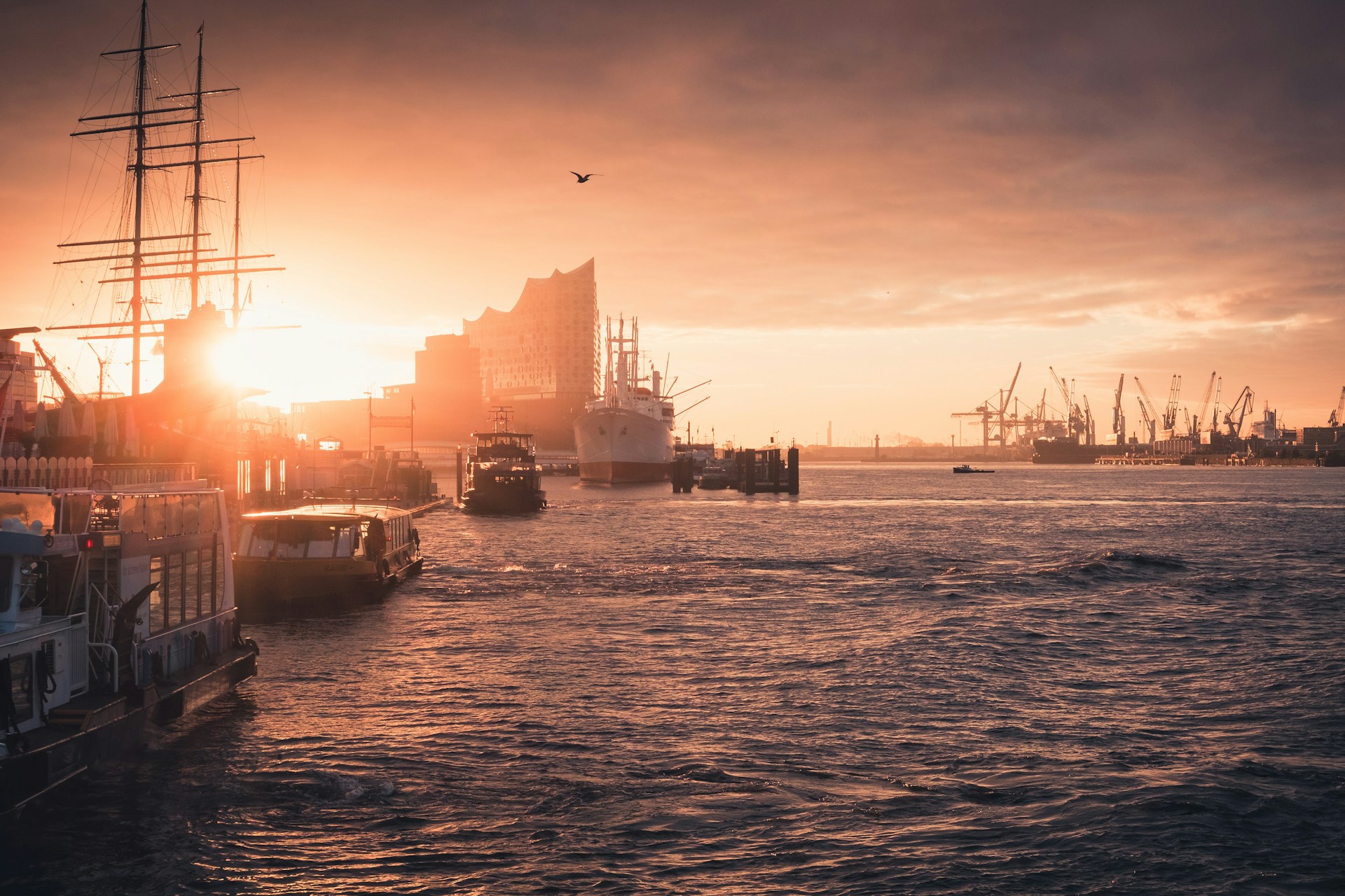 The Port of Hamburg at sunset