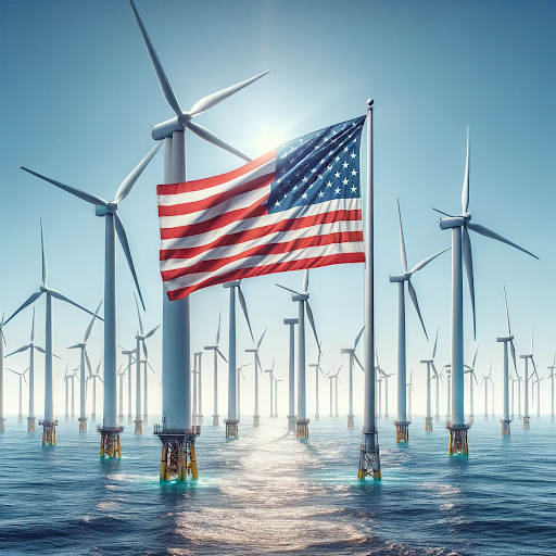 AI generated image of an offshore windfarm with the Stars & Stripes flag flying in the foreground