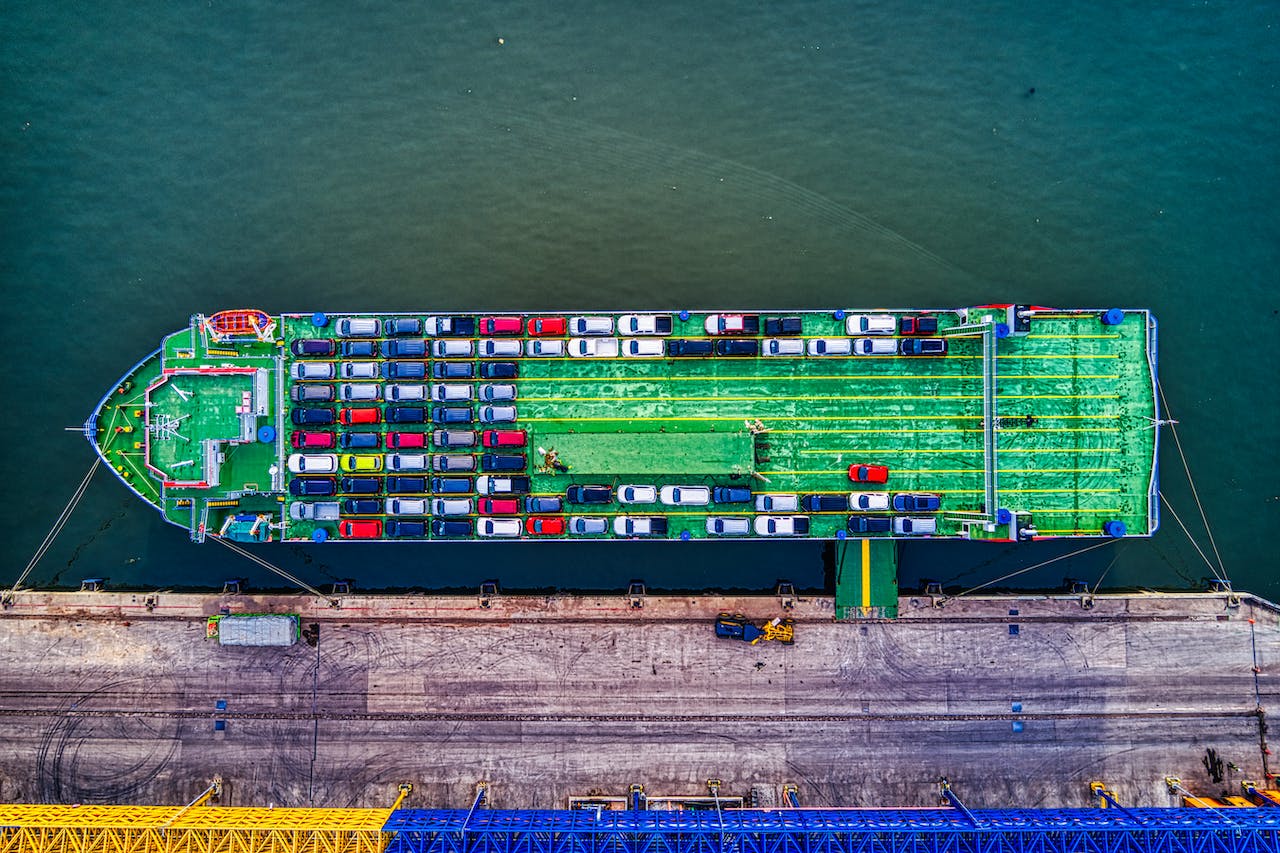 An aerial view of a car carrier vessel