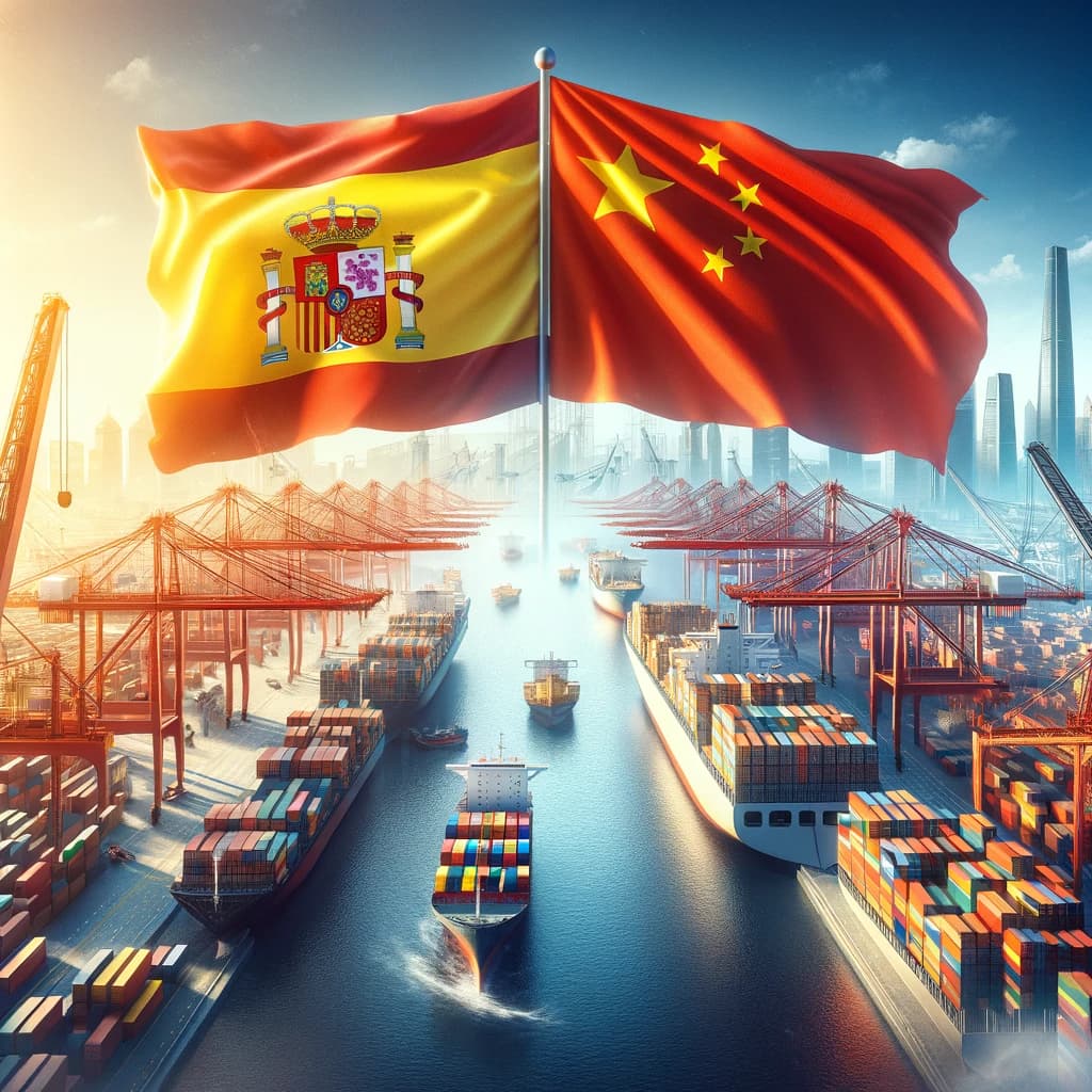 AI generated image of the Spanish and Chinese flags flying above a port