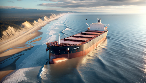 AI generated image of a bulk carrier run aground