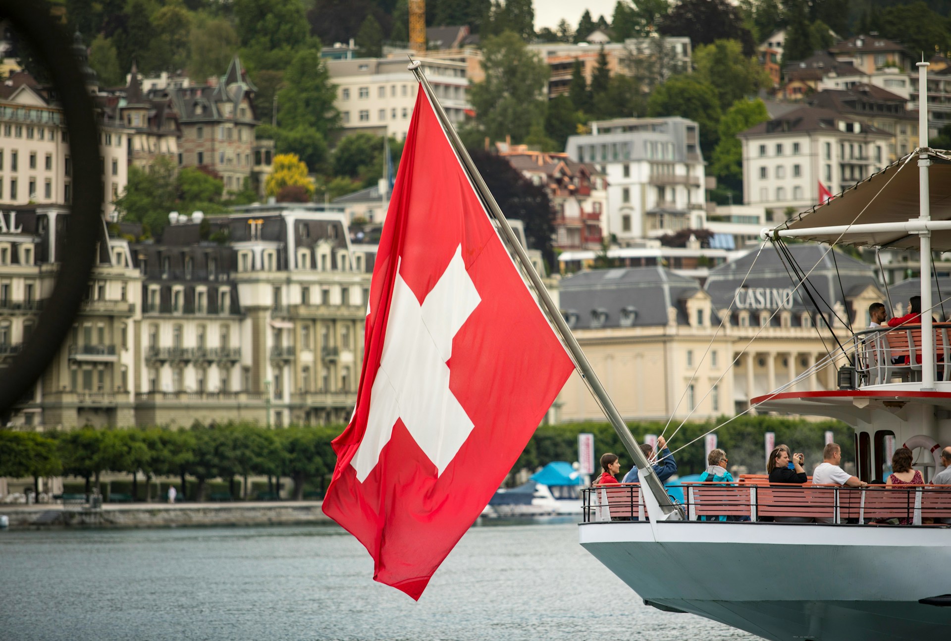 The Swiss flag flying from the stern of a boat