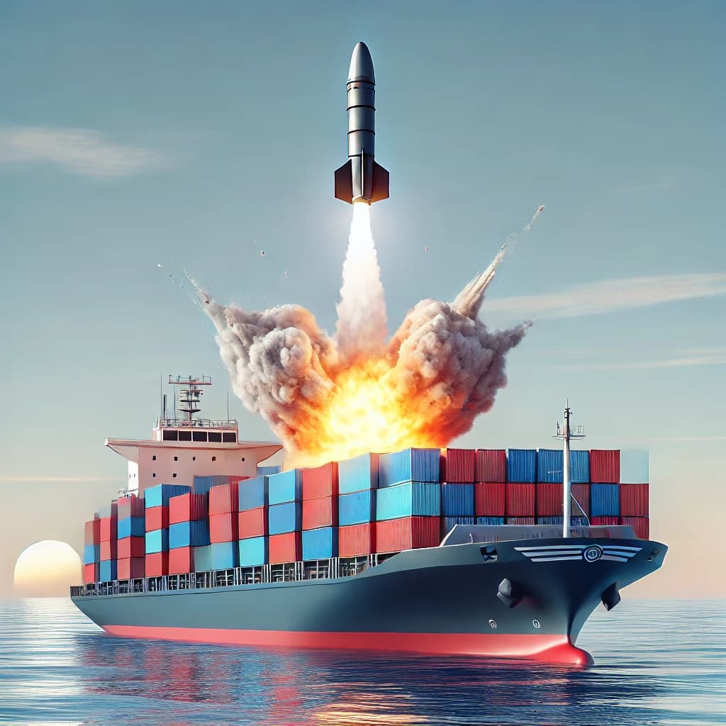 A missile attack on a container ship