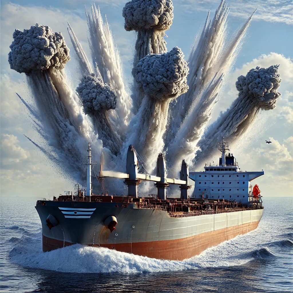 A bulk carrier at sea with explosions going off in the water