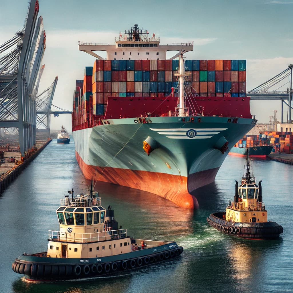 A container ship being guided into Tampa Port by a pilot