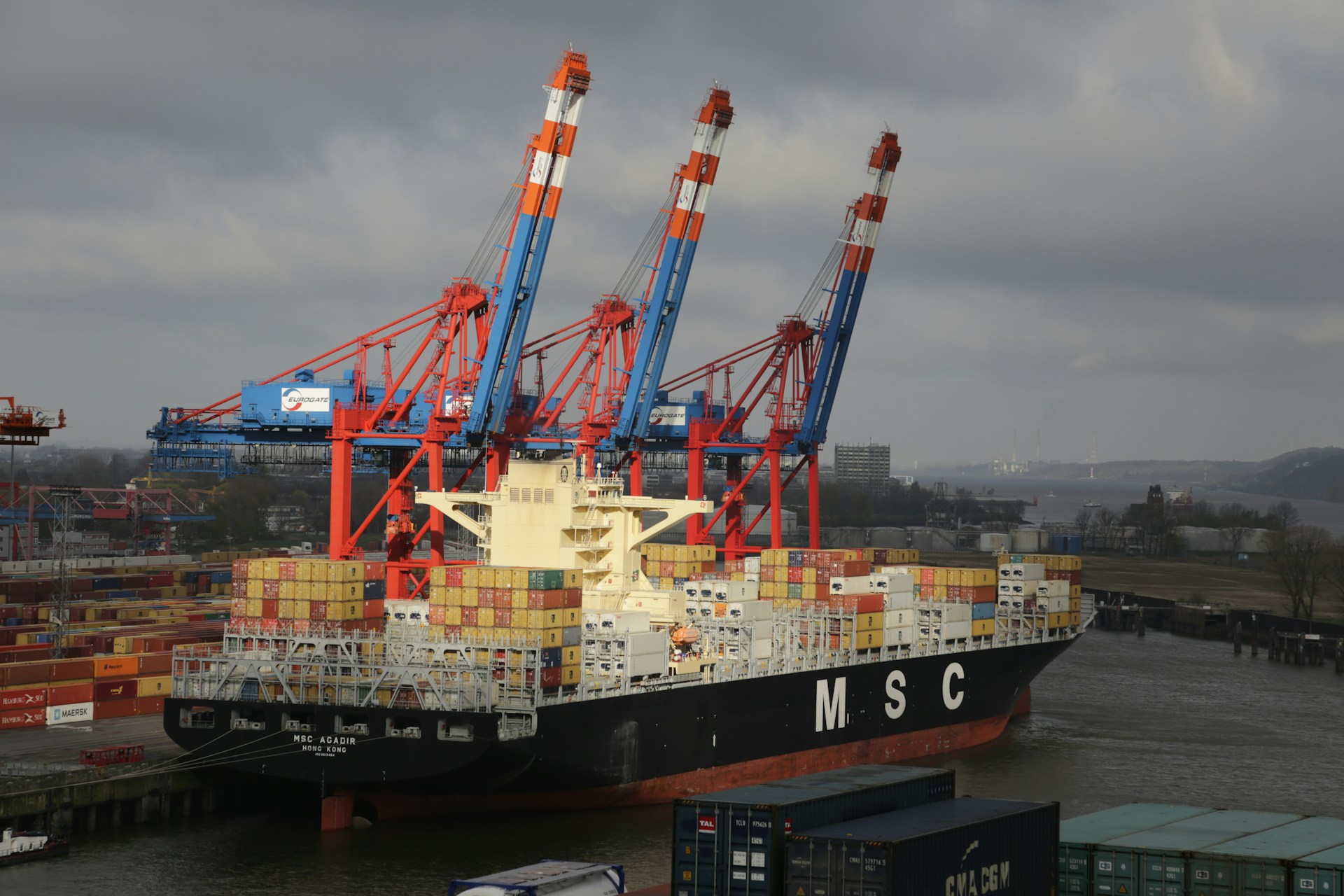 An MSC cargo ship in port