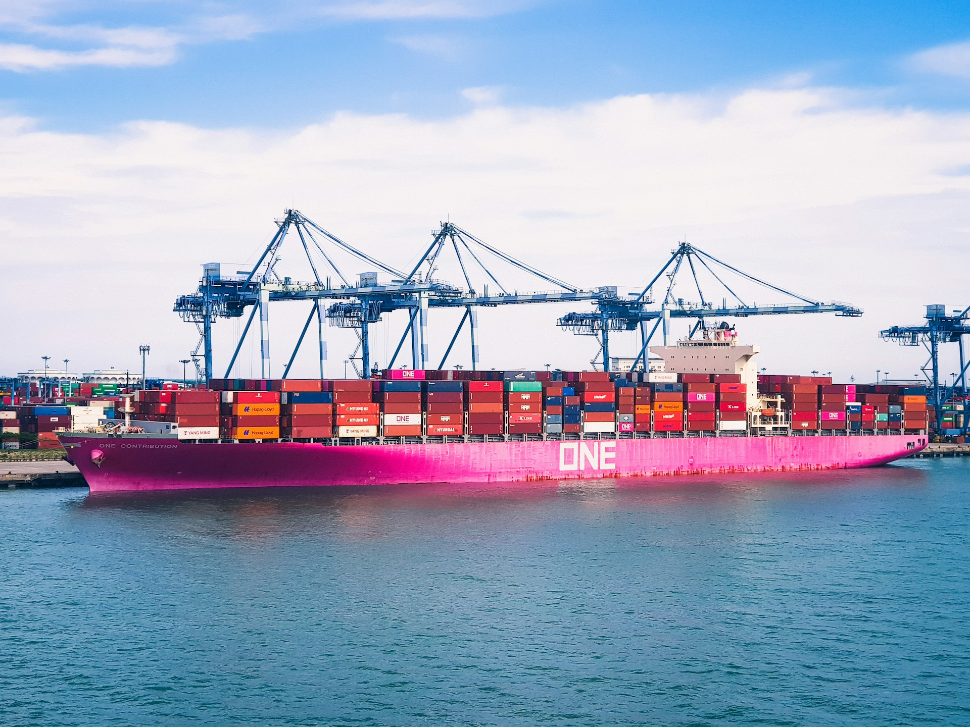 A ONE container ship in a port