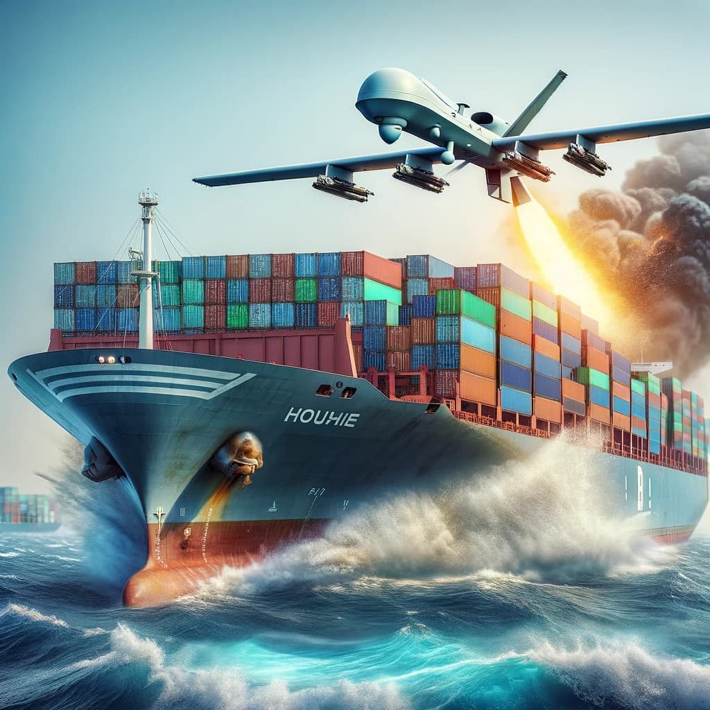 A container ship being attacked by a drone