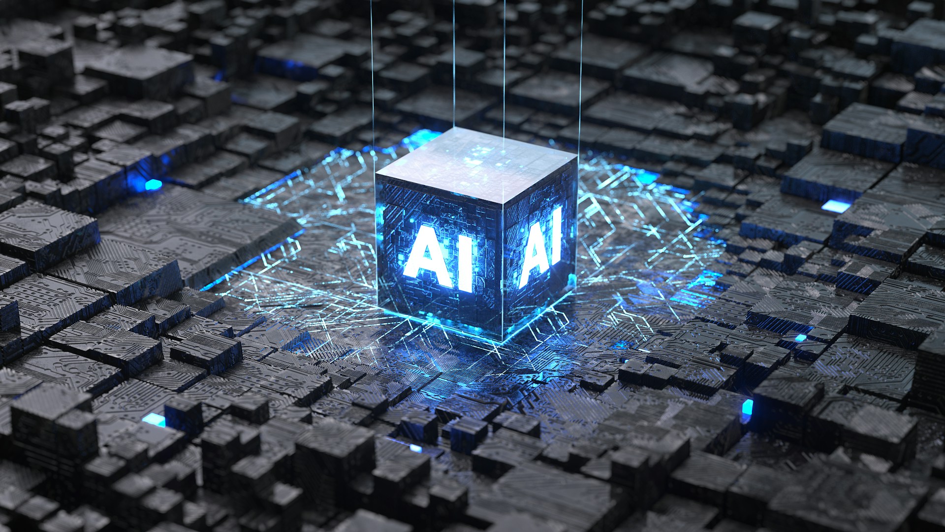 A cube with the letters AI lit up on it 