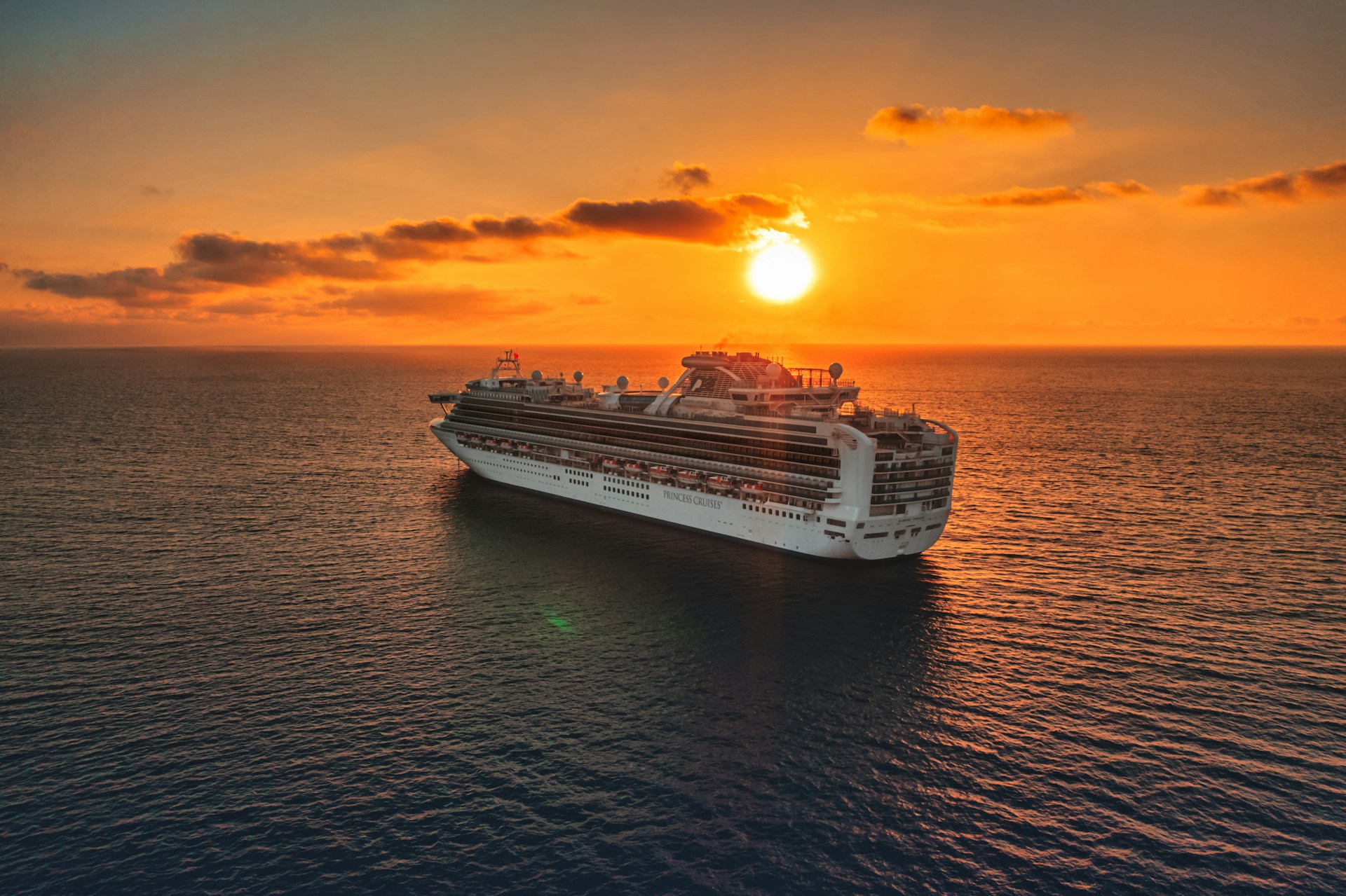 The Diamond Princess cruise ship at sunset