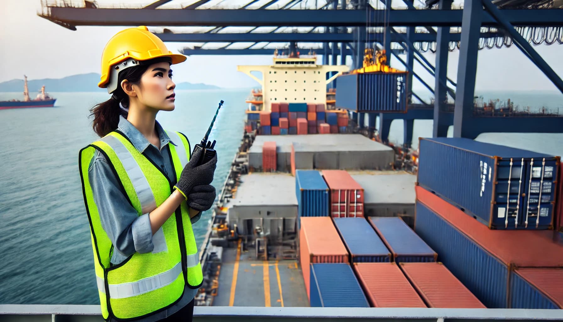 A female deck crew member on a cargo ship