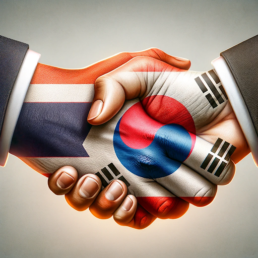 Two hands shaking, one with the Thai flag on it and the other with the South Korean flag