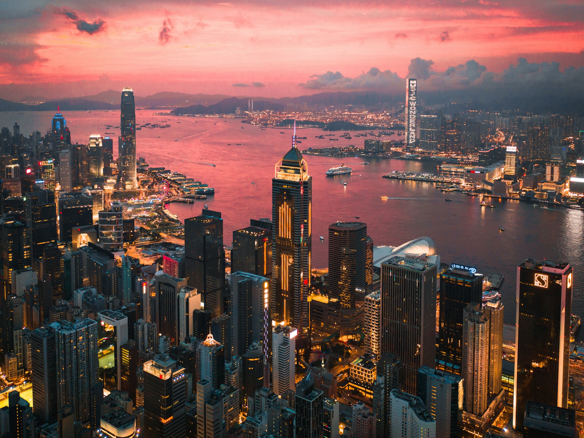 Victoria Harbor, Hong Kong at sunset