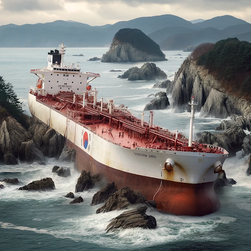 AI generated image of a South Korean flagged chemical tanker running aground