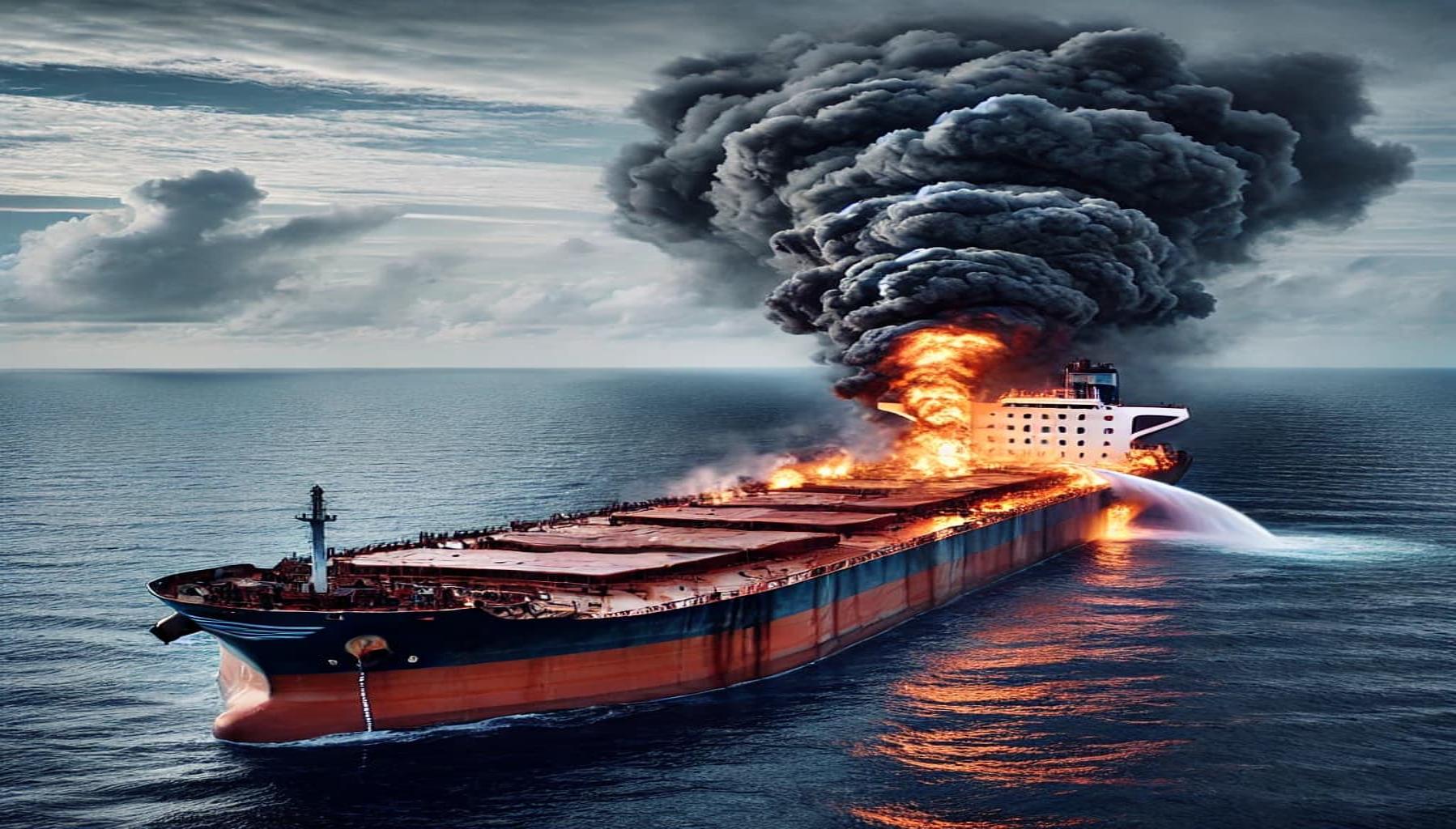 A cargo ship on fire at sea