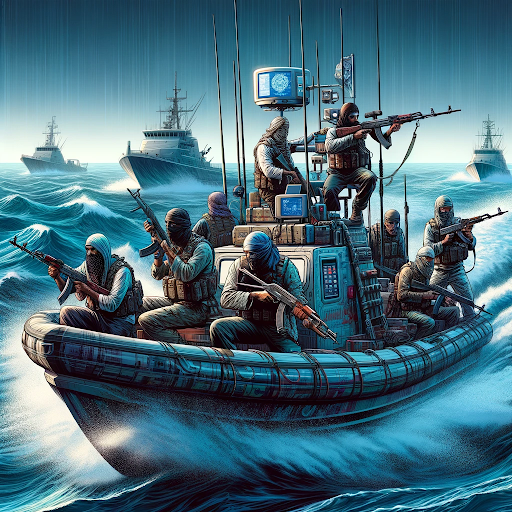 AI generated image of modern day pirates with guns drawn