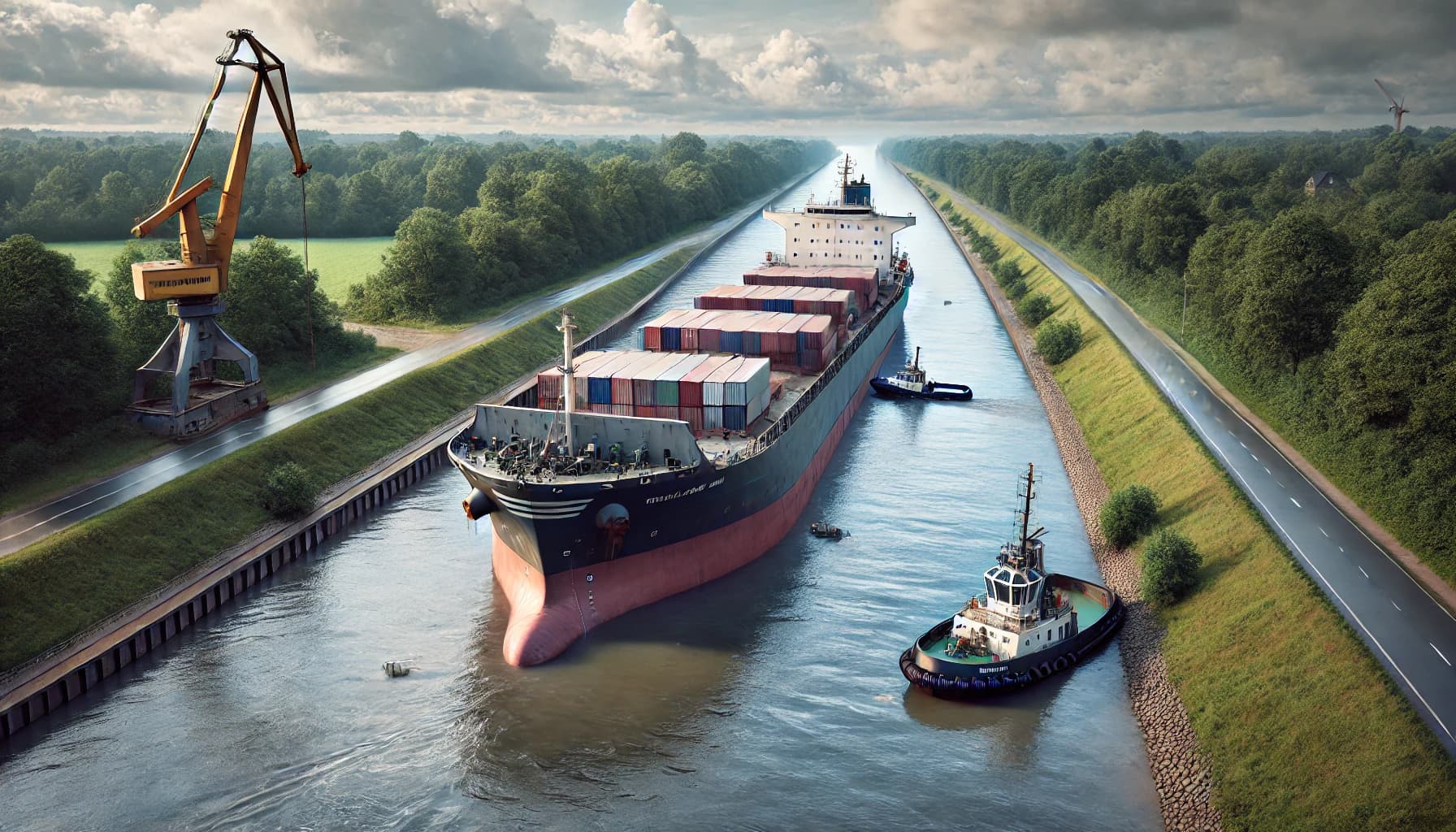 A cargo ship run aground in a canal being assisted by tugboats