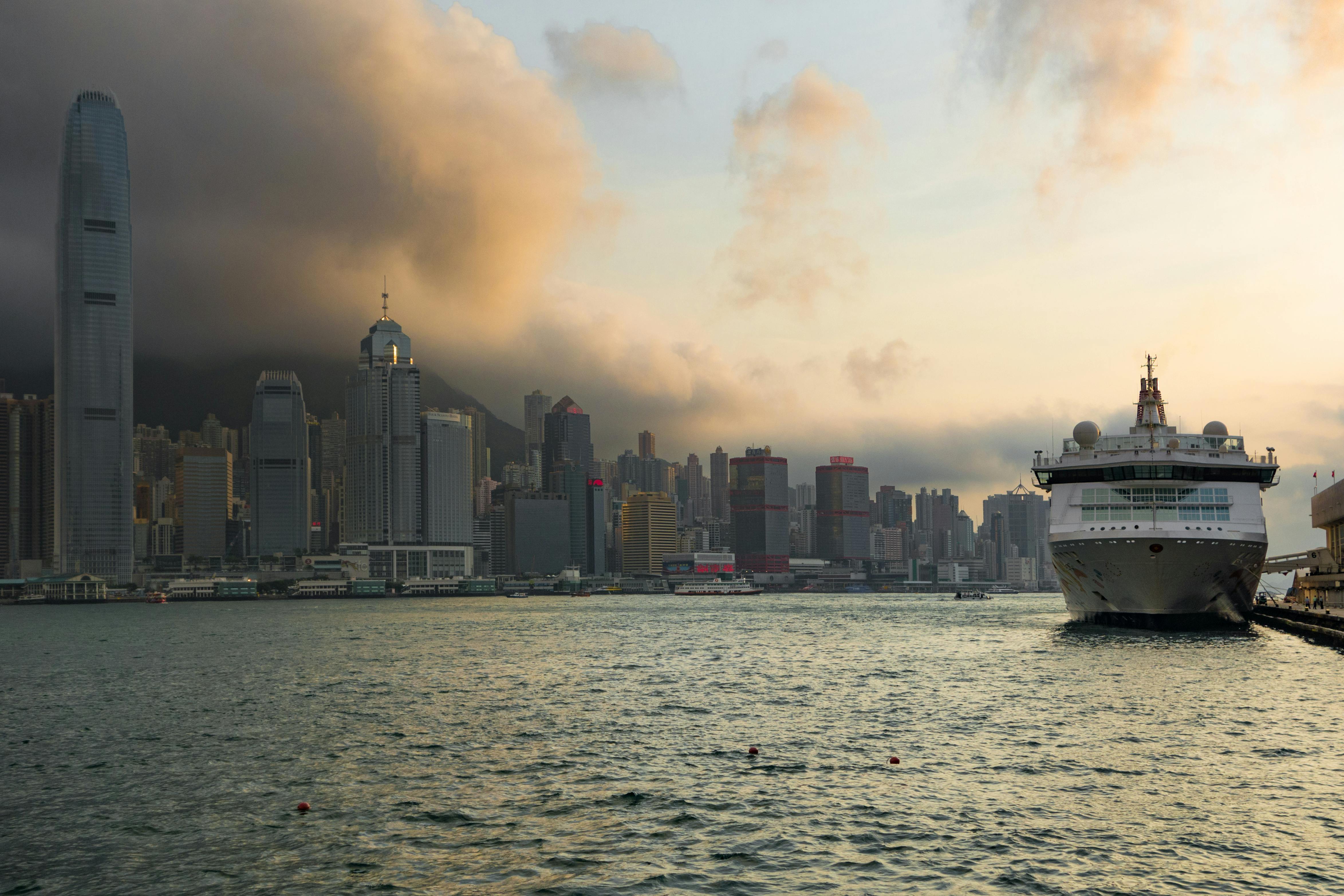 A cruise ship docked in Hong Kong