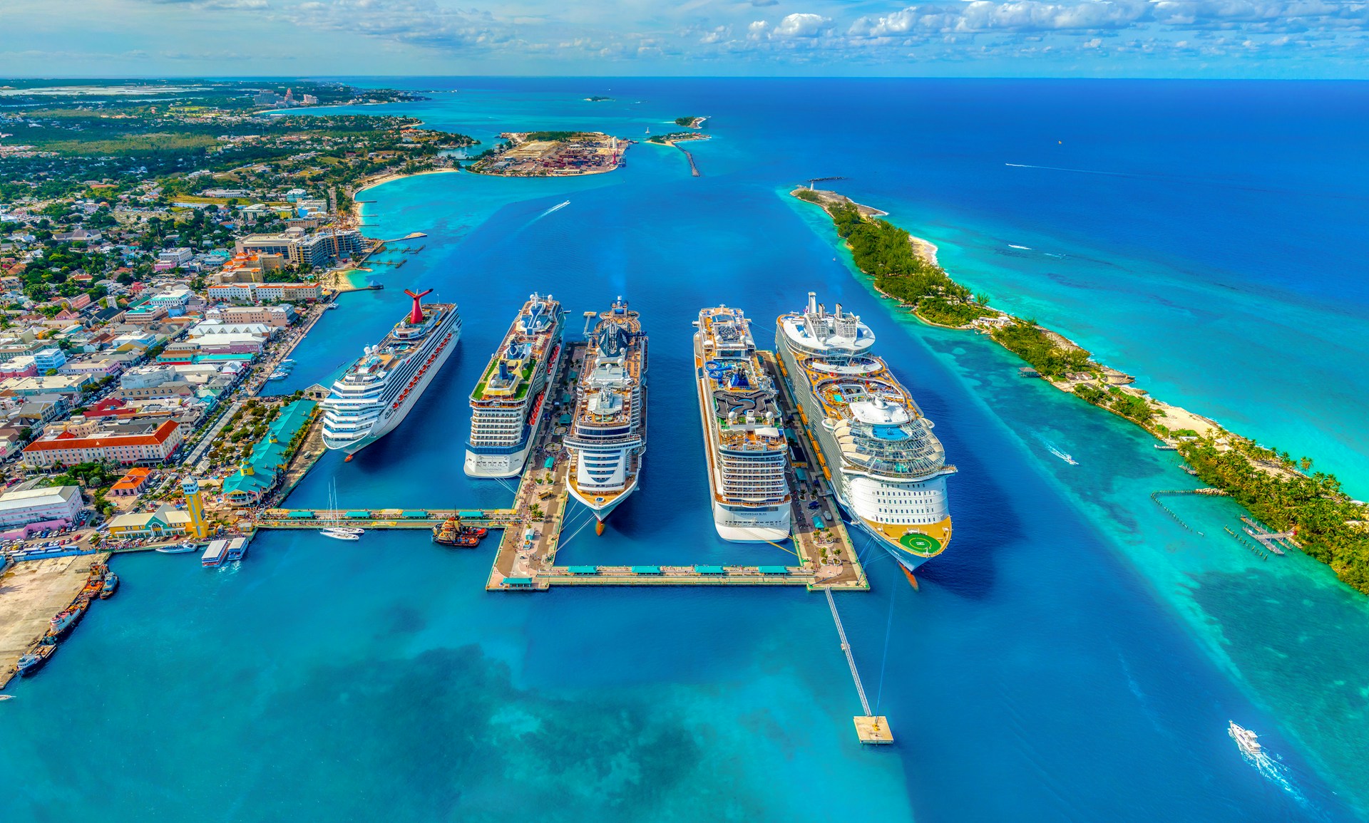 Aerial view of cruise ships docked in the Bahamas