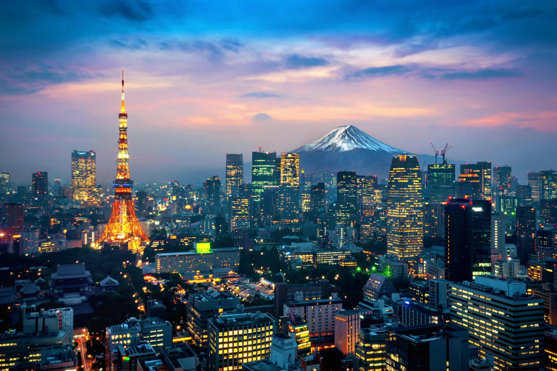 Tokyo at night with Mount Fuji in the background