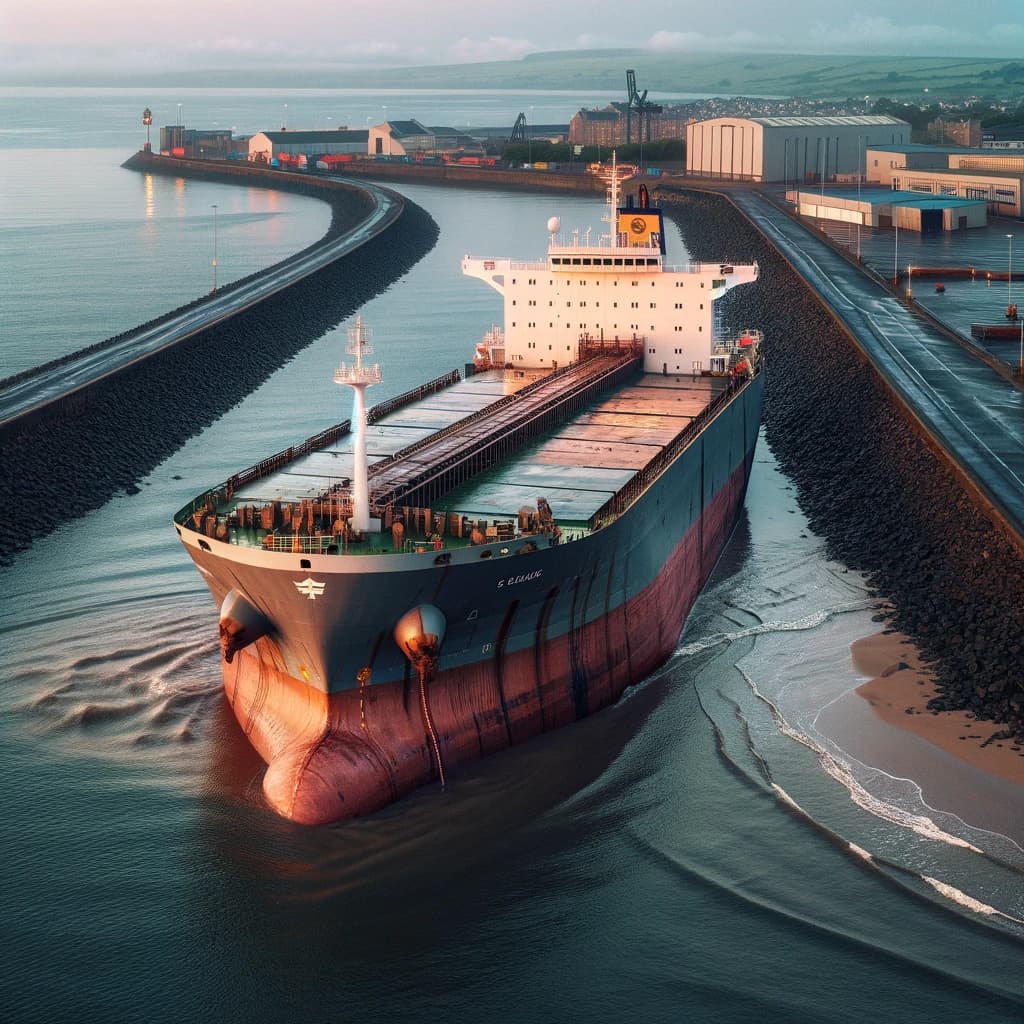 A cargo ship run aground in a port