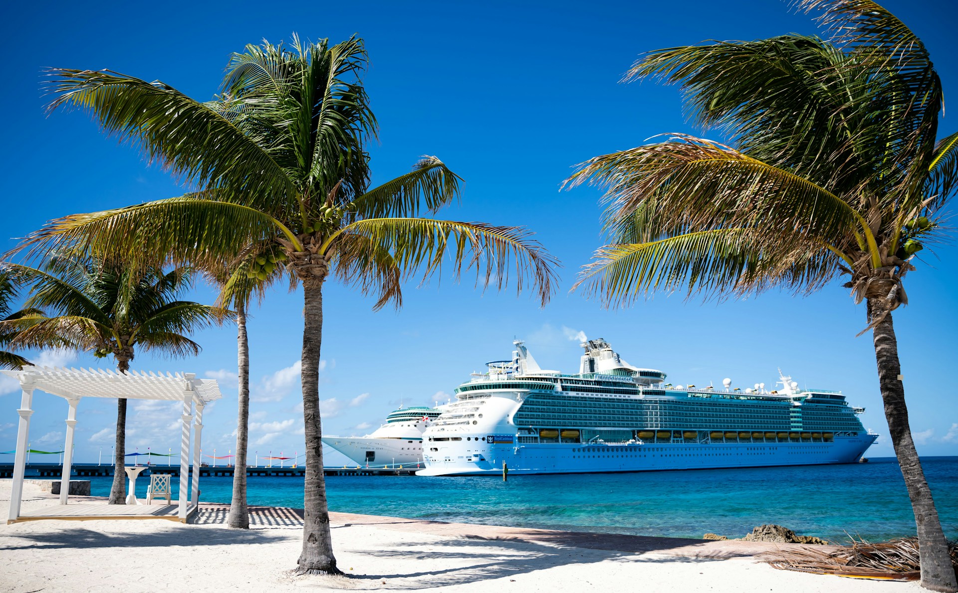 A Royal Caribbean cruise ship moored off a tropical beach