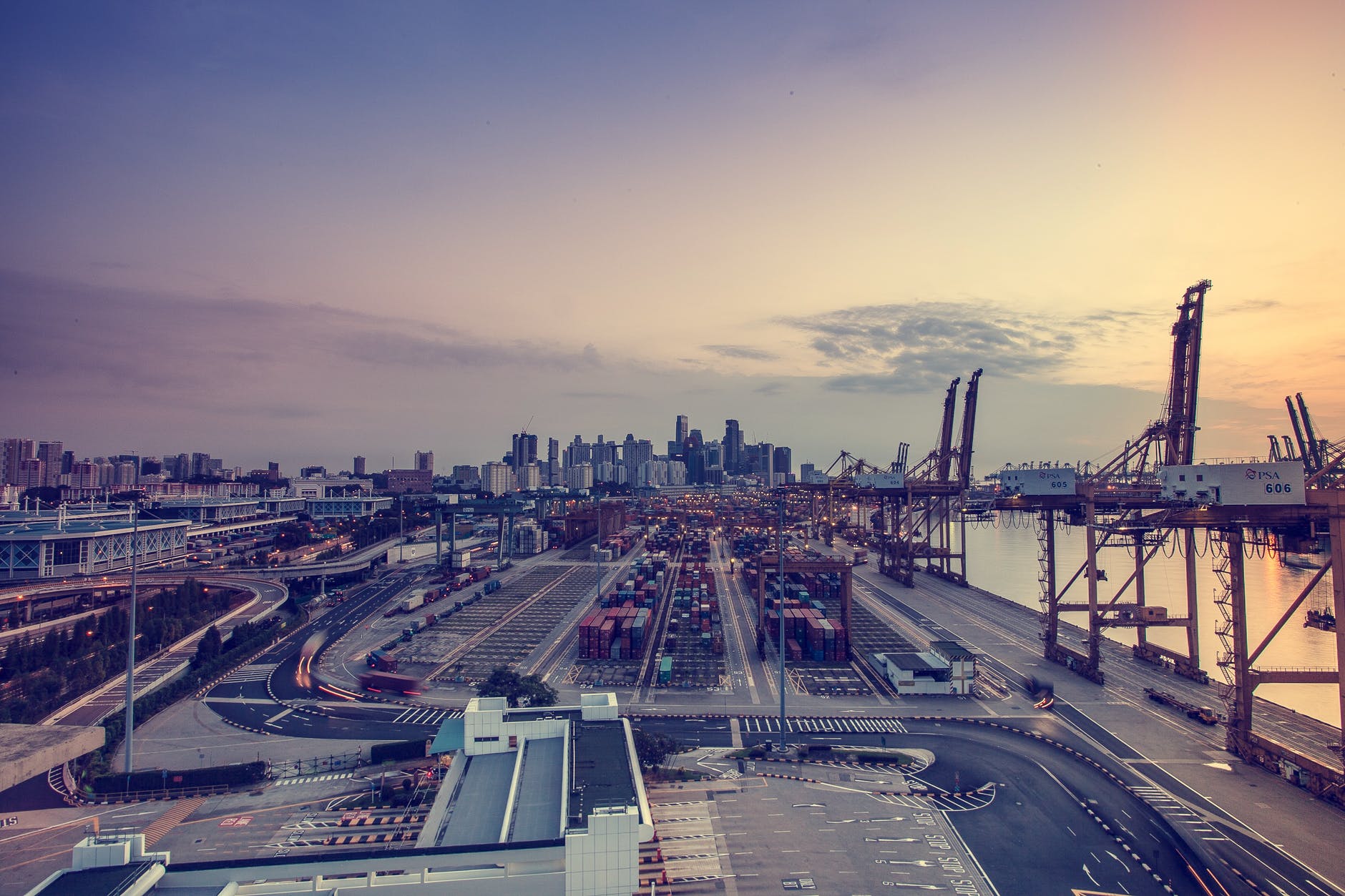 A container port at sunset