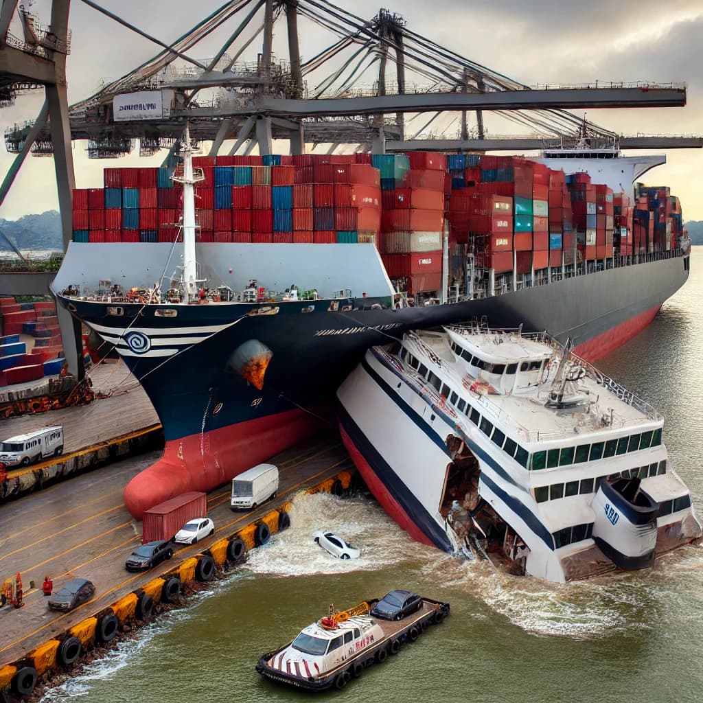 A container ship hitting a ferry in Santos Port, Brazil