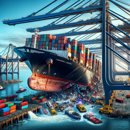 AI generated image of a container ship colliding with cranes