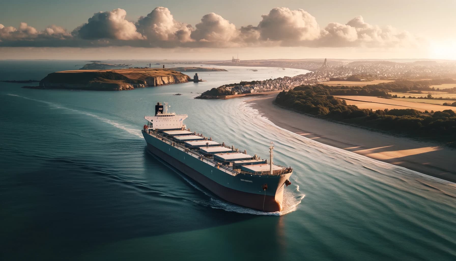 A bulk carrier sailing near a coastline