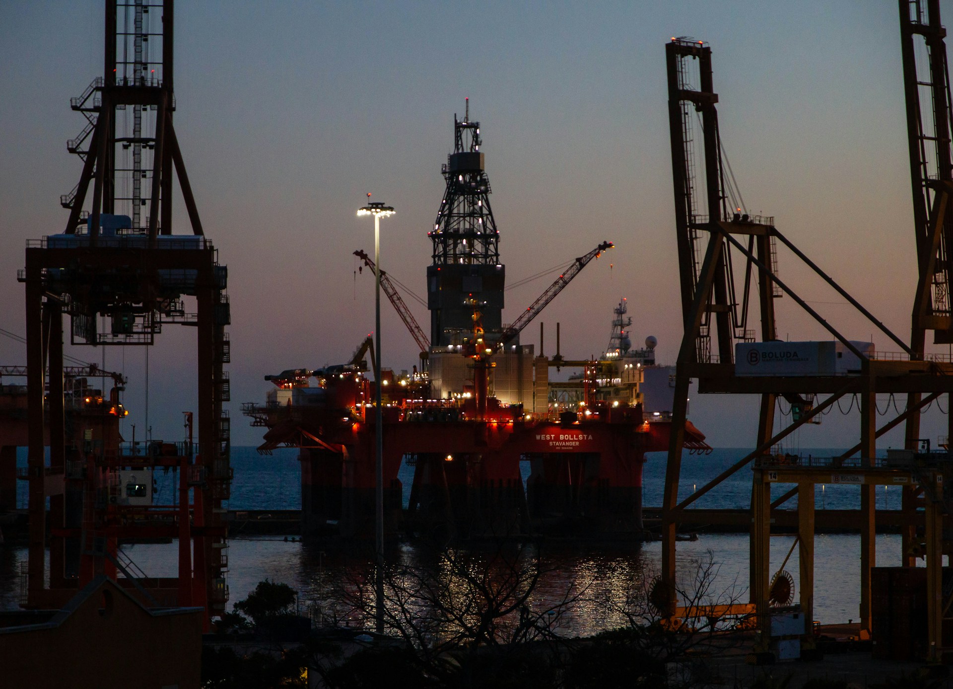 An oil rig at night