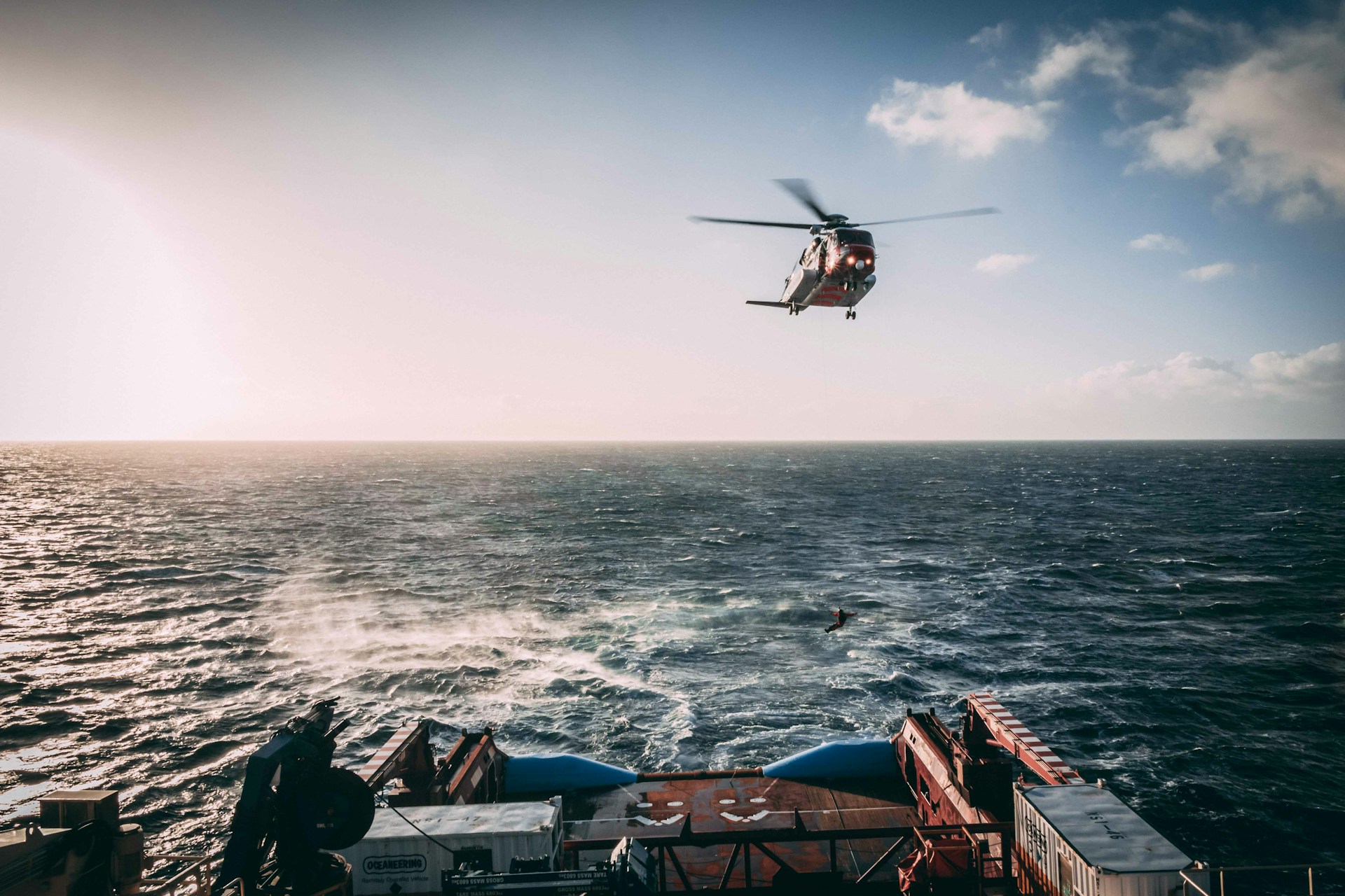 A search and rescue helicopter at sea