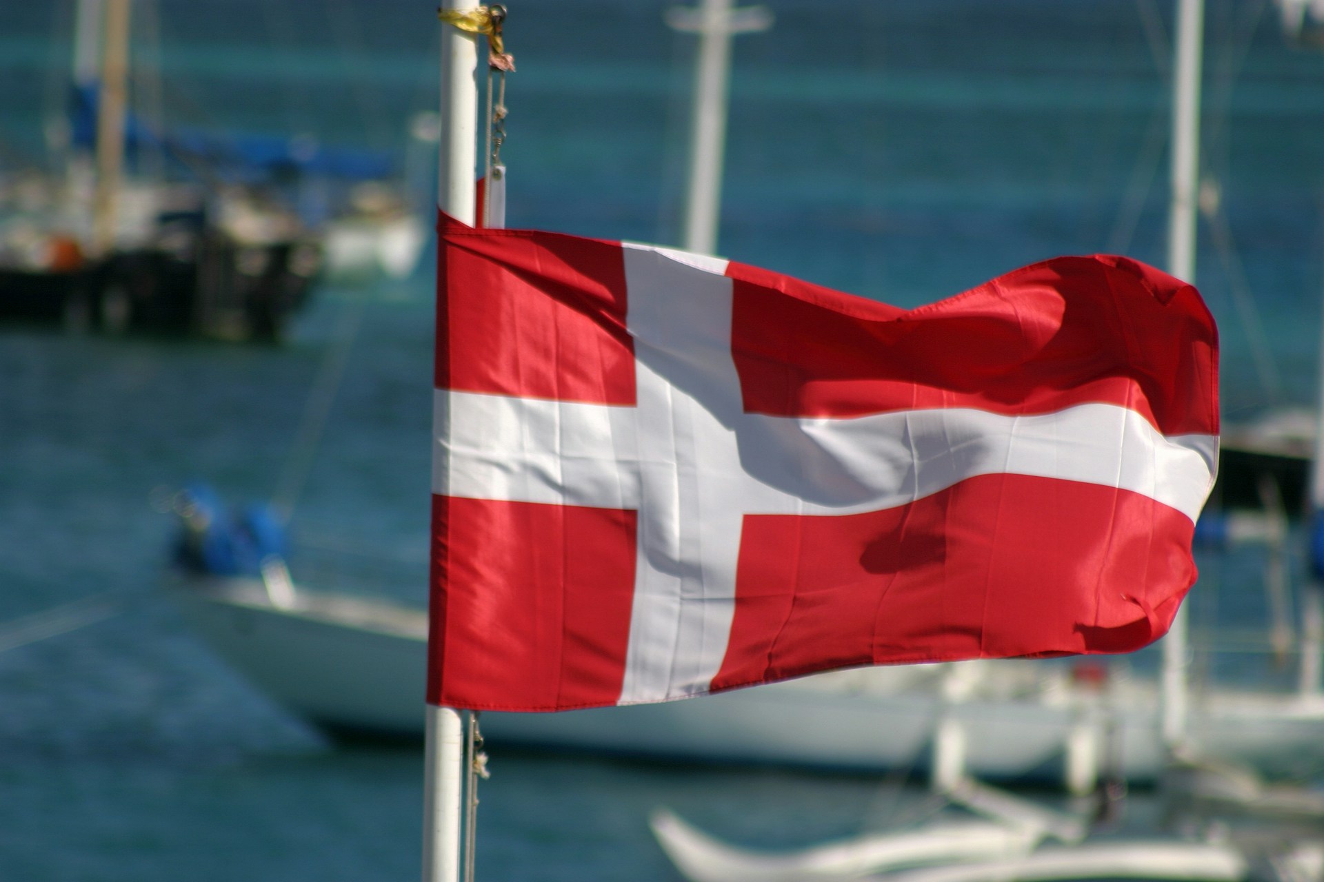 The Danish flag flying in a harbor