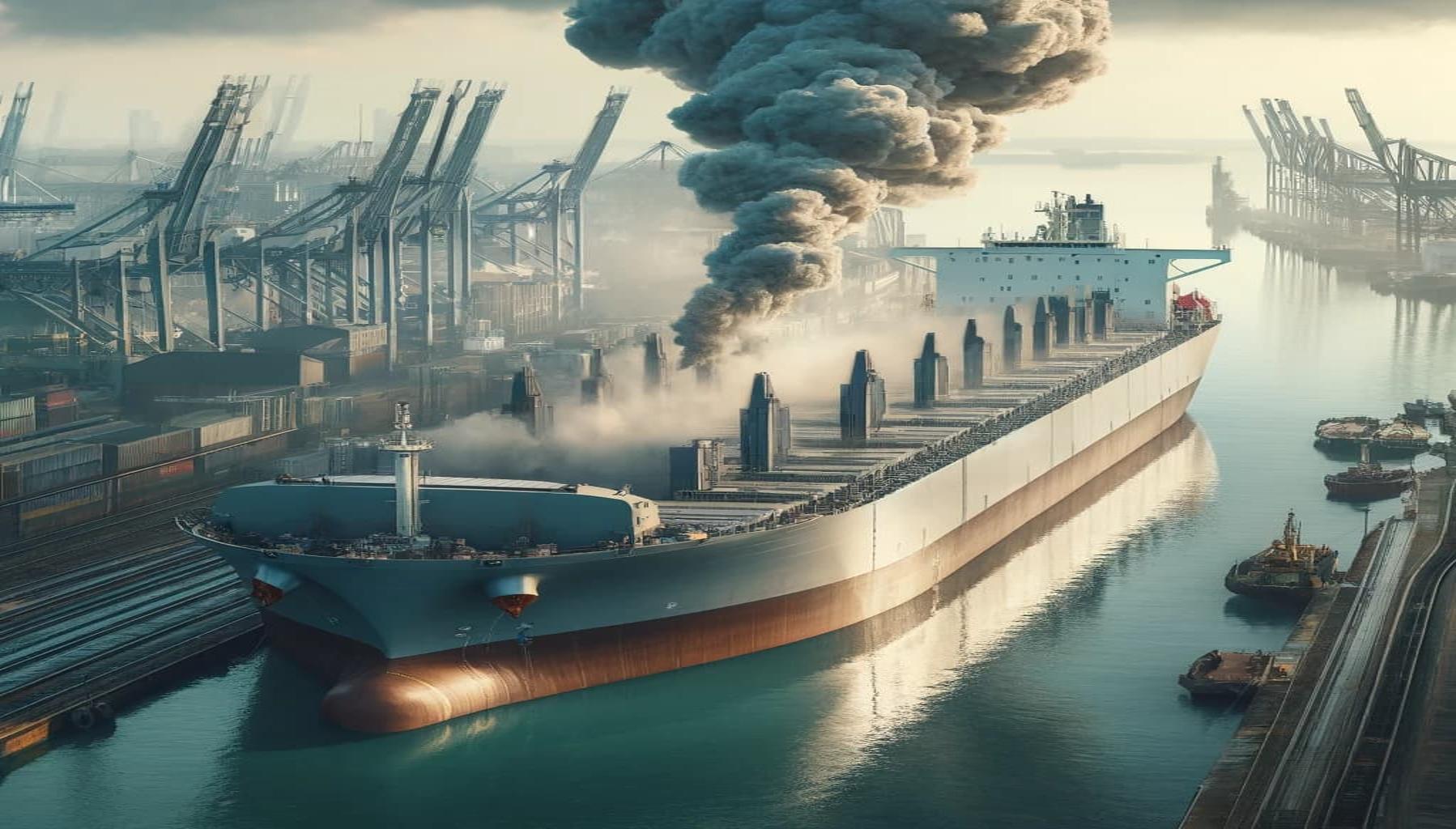 A bulk carrier on fire in a port