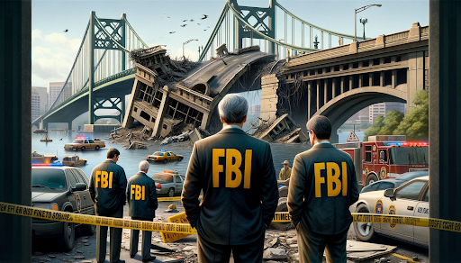 AI generated image of FBI agents standing near the collapsed Francis Scott Key bridge in Baltimore