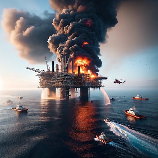 AI generated image of an oil rig on fire