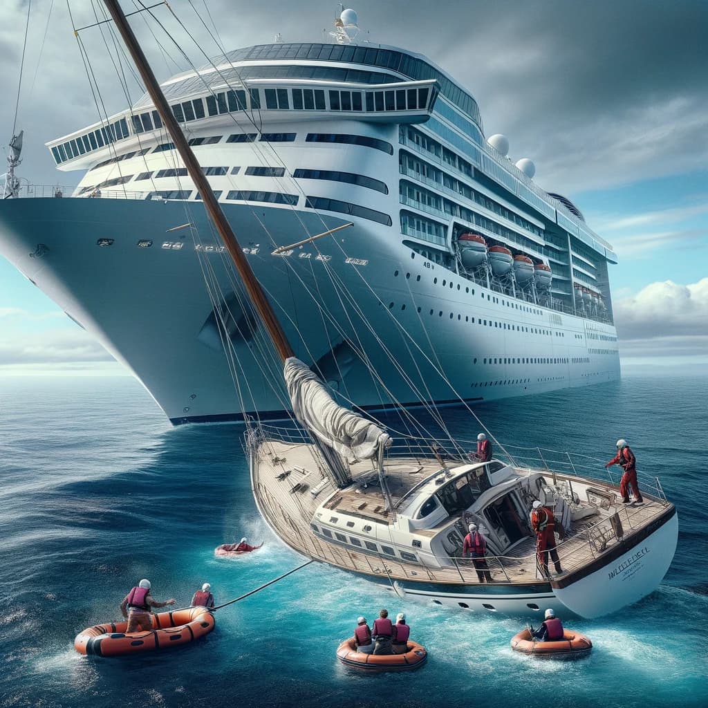 AI generated image of a cruise ship rescuing stranded sailors from a yacht