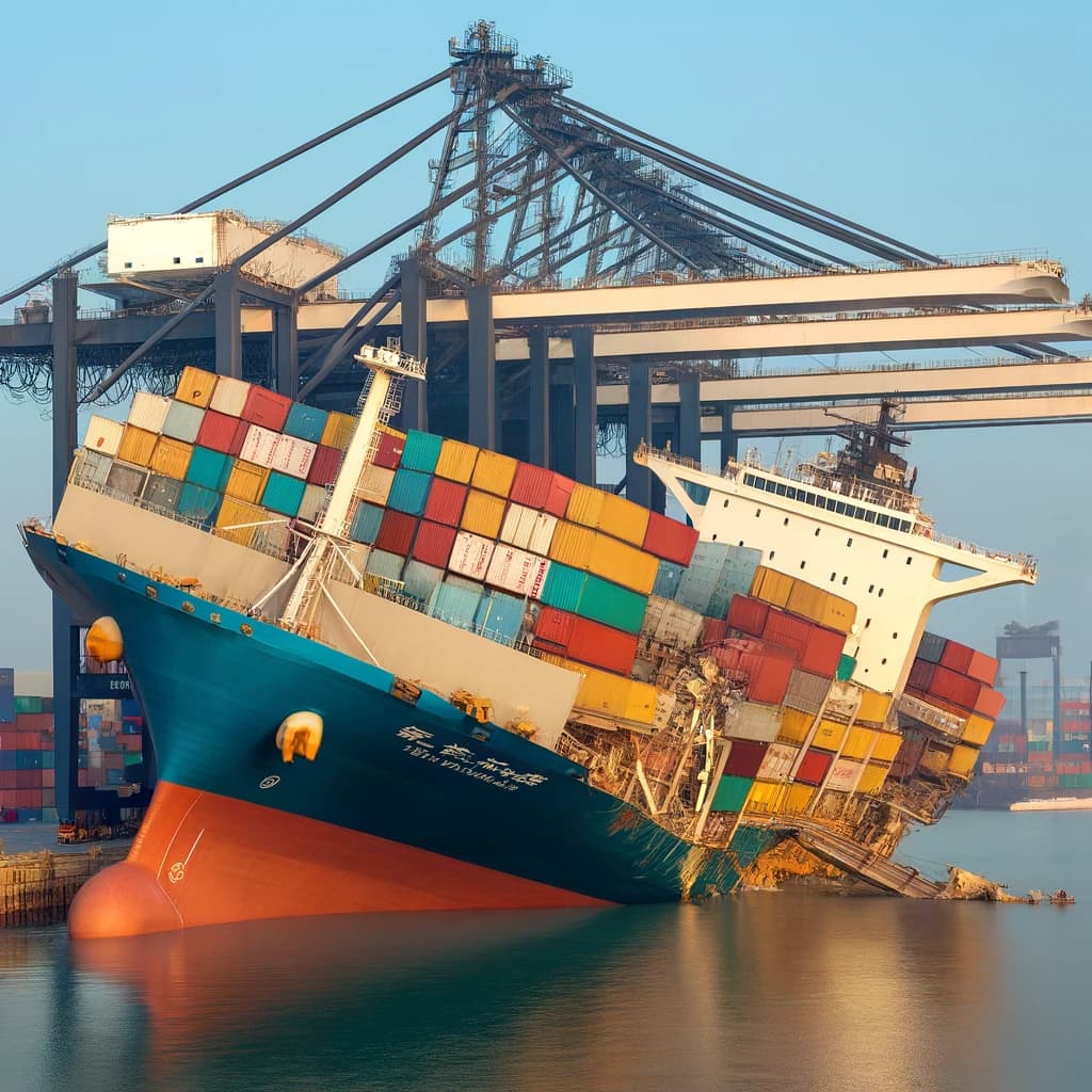 A crane falling onto a container ship in port