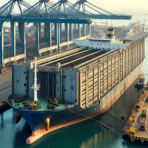 AI generated image of a livestock carrier in port