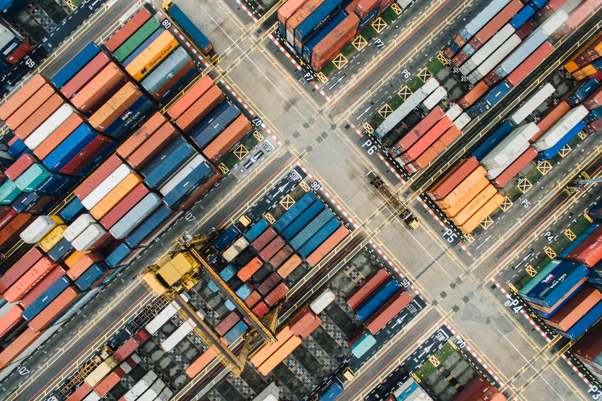 Aerial view of shipping containers in a port