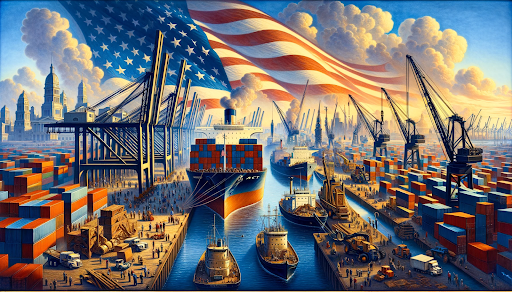AI generated image of a port in the USA with the Stars and Stripes flying behind it