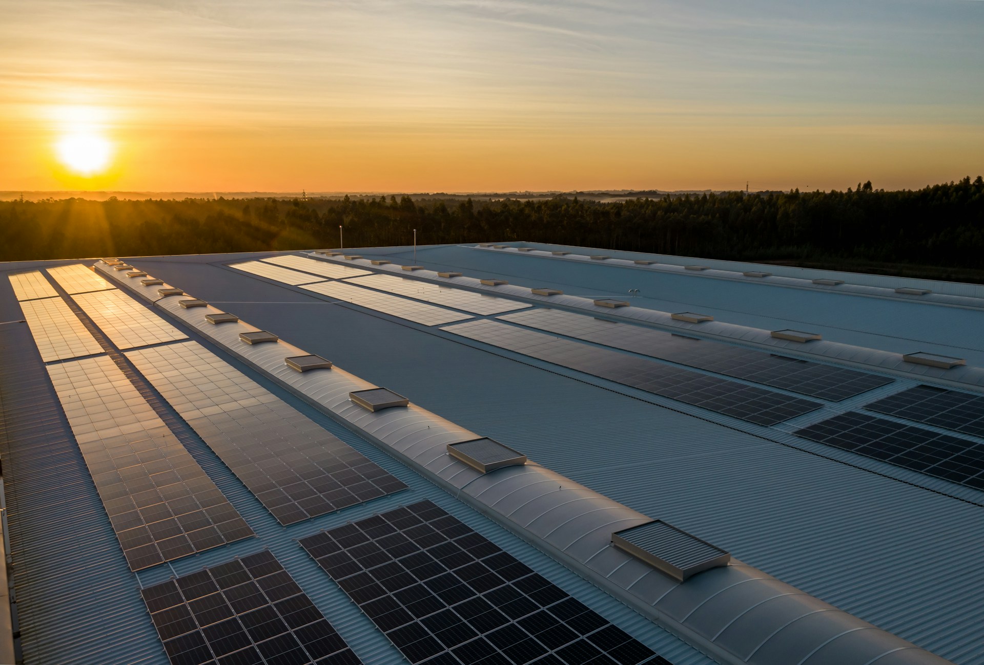 Solar energy panels at sunset