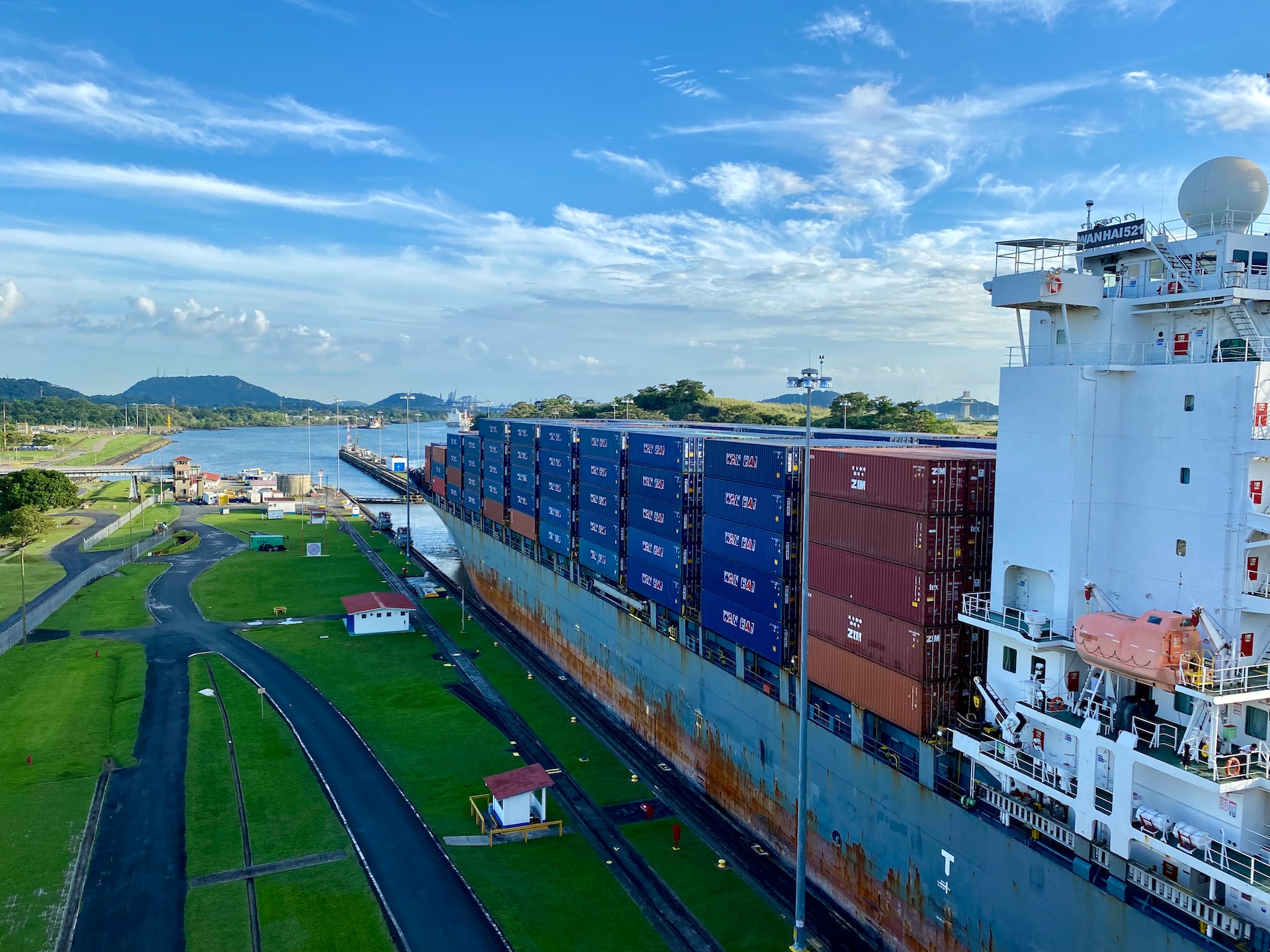 A cargo ship in the Panama Canal