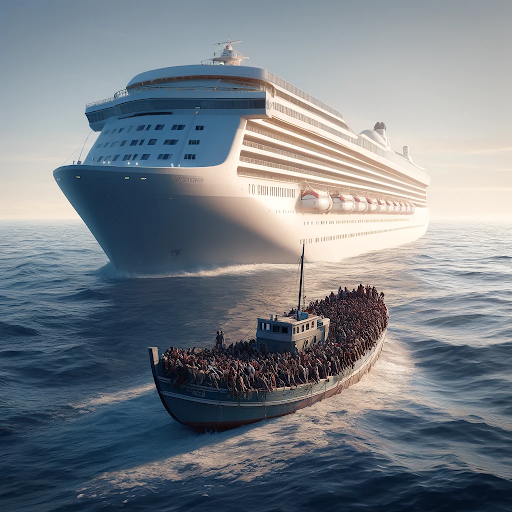 AI generated image of a cruise ship rescuing a small boat containing refugees