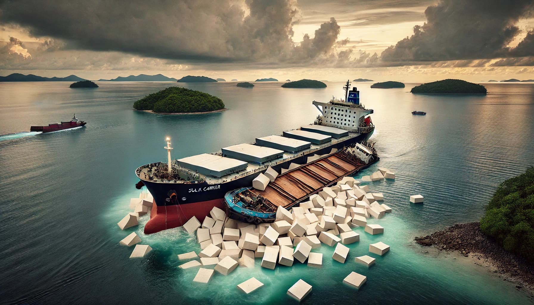 a bulk carrier colliding with a barge carrying white bricks