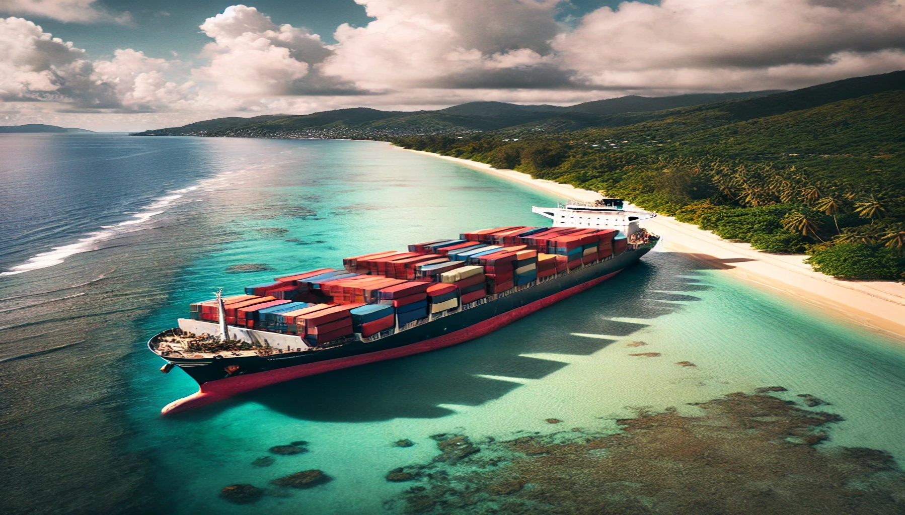 A grounded container ship off the coast of the Seychelles