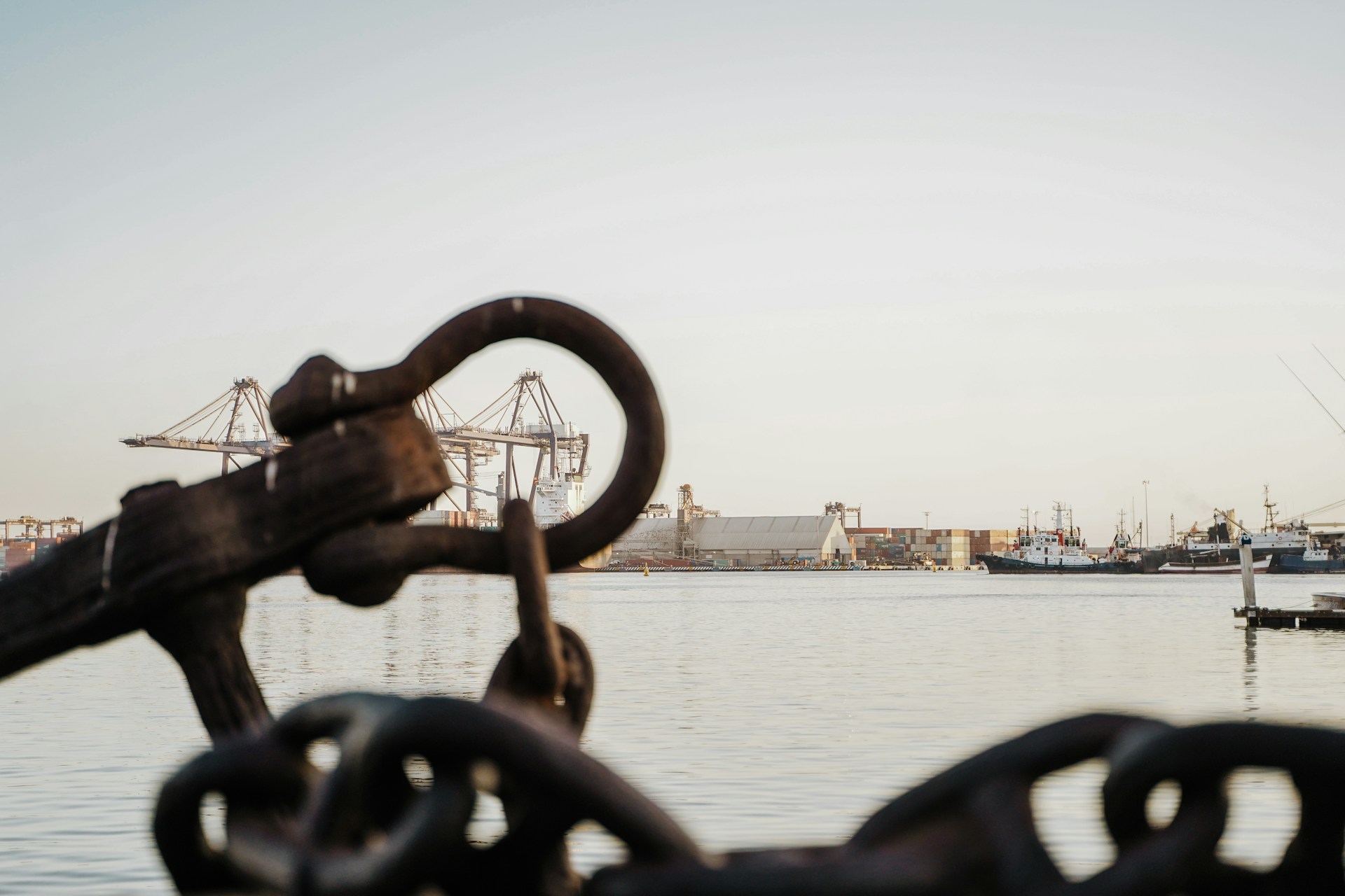 A port viewed through a metal chain