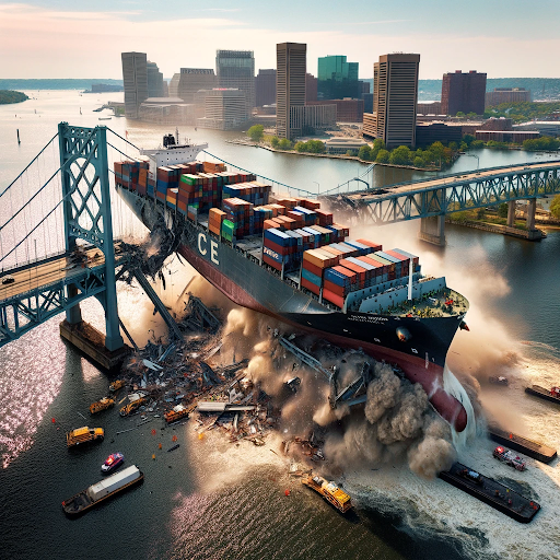 A container ship crashing into a suspension bridge in Baltimore
