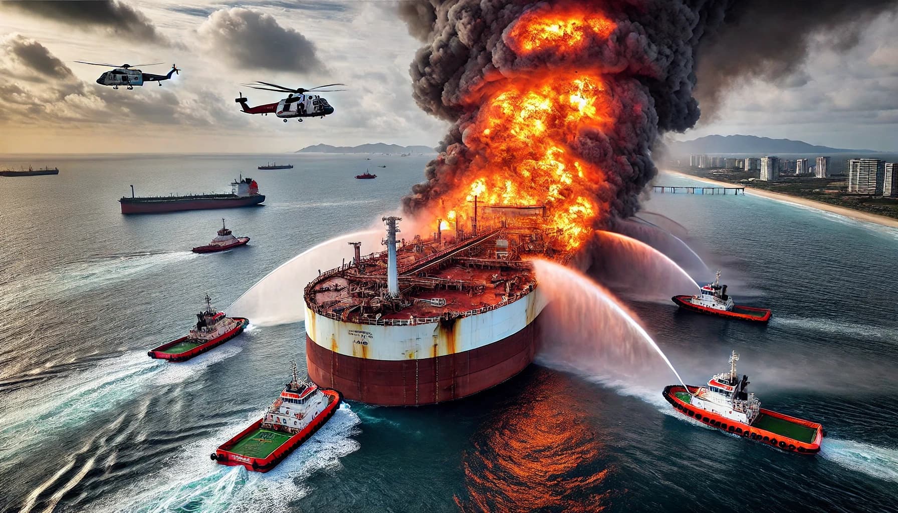 An FSO vessel on fire surrounded by fireboats and helicopters